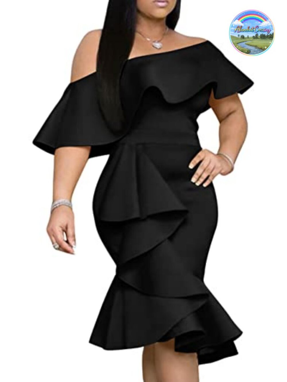 Off Shoulder Bodycon Midi Cocktail Dress with Ruffle Trim